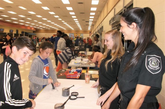 Forensic Techs Debbie Hubert & Shannon Durling demonstrate fingerprint identification techniques to Jackson and Alexis Carabello