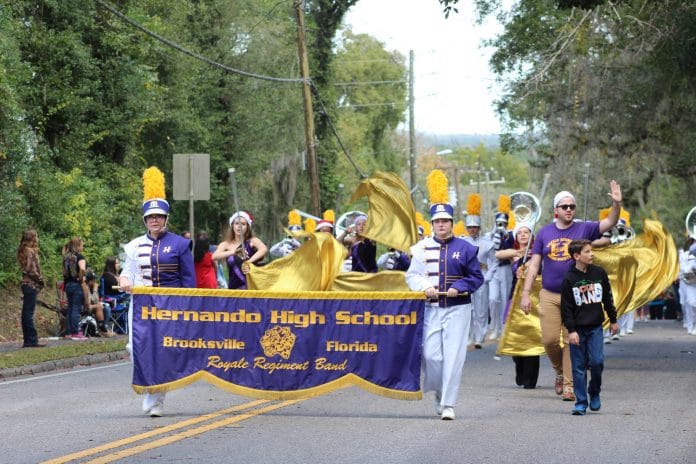 Hernando High Royale Regiment Band marches in the 2019 Brooksville Christmas Parade