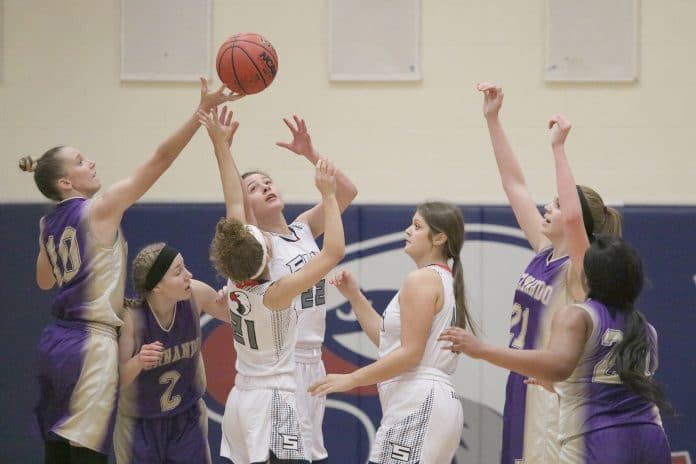 Leopard Sabrina Carter 10 taps the ball from Eagles Tallia Russell 22 during Springsteads Dec 13th home game against Hernando.