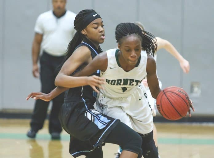 Hornets’ Sly Crowley (1) steals the ball away from Sharks’ Gabriella Lee (14).