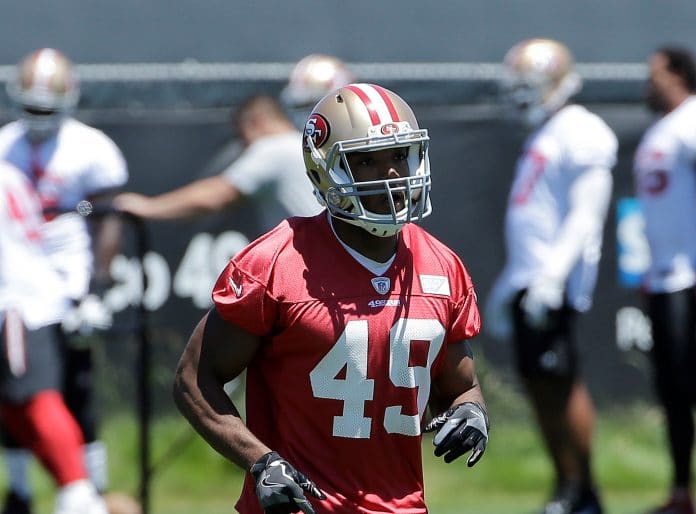 San Francisco 49ers' Matt Breida during the team's organized team activity at its NFL football training facility in Santa Clara, Calif., Wednesday, May 31, 2017. (AP Photo/Jeff Chiu)