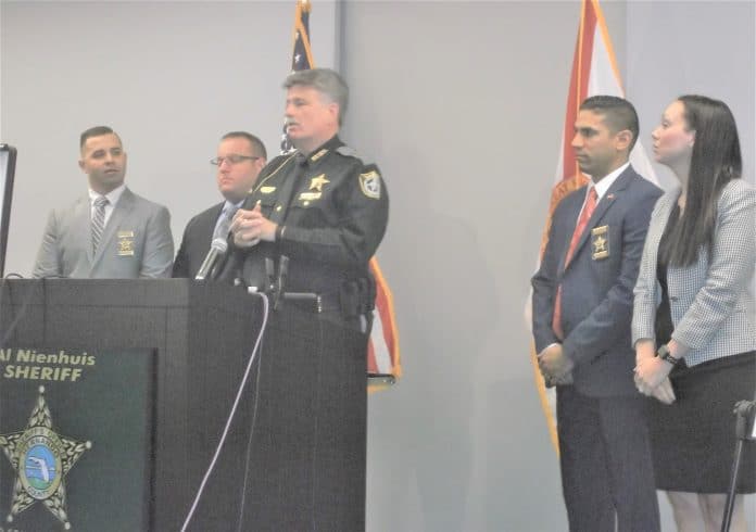 From left to right:  Detective Anthony Belmonte, Detective Wayne Peterson, Sheriff Al Nienhuis, Detective Shawn Galarza, Assistant State Attorney Deanna Giannini; Press Conference Dec. 12, 2019
