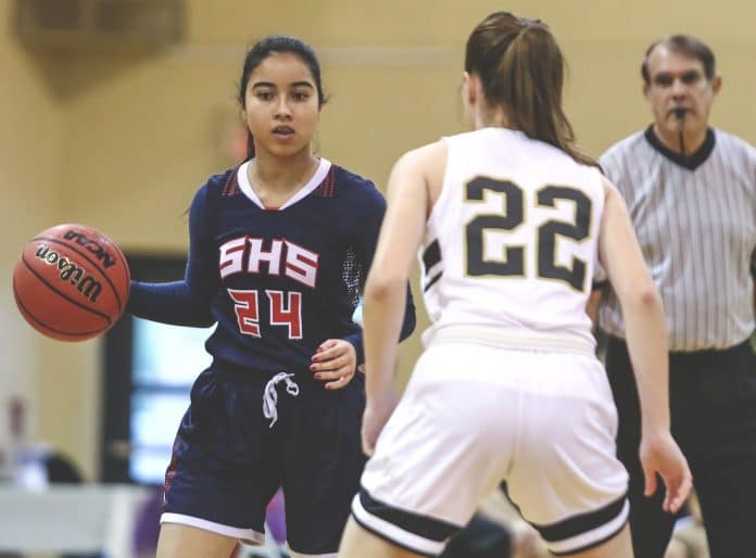 Springstead Leydializ Rodriguez waits for her teammates to get into offense position. The Lady Eagles went up against Mitchell on Saturday, December 28th