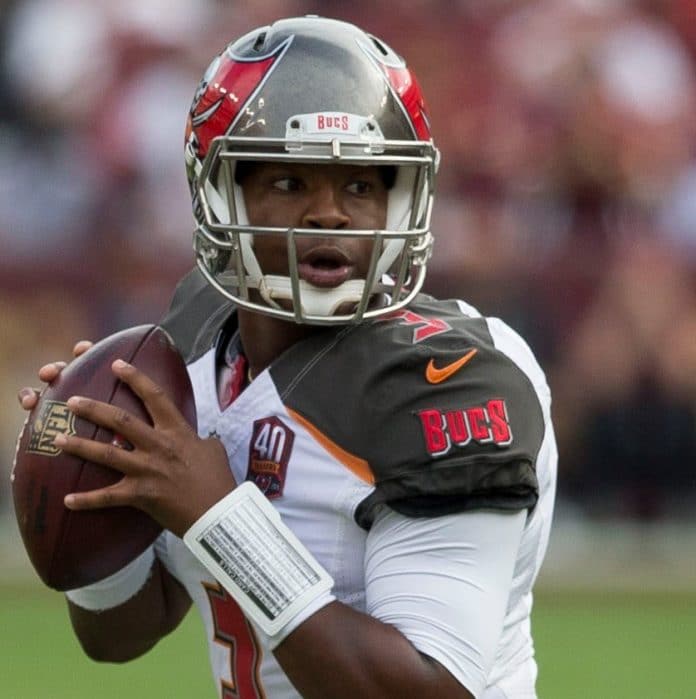 Tampa Bay Bucs quarterback Jameis Winston during his debut season. Buccaneers at Redskins 10/25/15; Source:Flickr; Author: Keith Allison