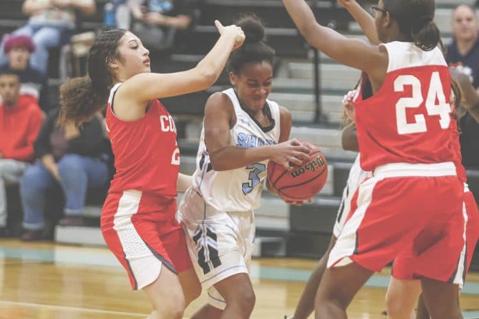 Sharks Alysia Graham squeezes through Hudson’s Carisa Fevriette (24) and Ayanna Applefield (2).