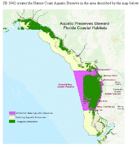 Map of Proposed Nature Coast Aquatic Preserve included in the senate bill 1042 analysis document.