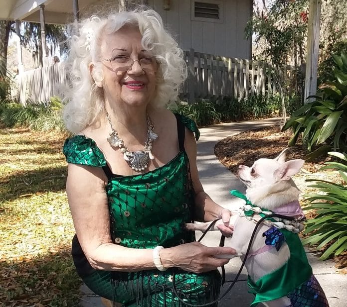 Sharon Cihak Elliott was a Weeki Wachee mermaid in the 1960’s.  She attended the mermaid trail opening with her ‘merpet’ named Star, who won the pet mermaid costume contest.  Photo courtesy of Dali Rivera.