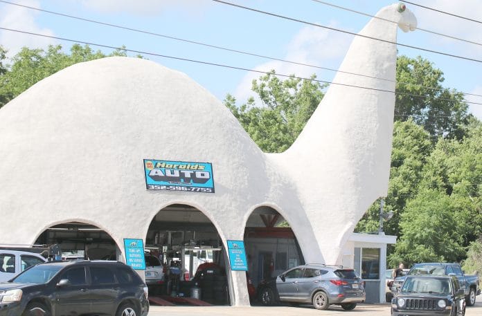 The dinosaur is an Apatosaurus. It is 110 feet long, 34 feet high at the main body, and 48 feet tall and is the home of Harold’s Auto Center in Spring Hill.