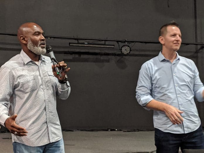 Dell Barnes, Director of the Enrichment Centers, left, and Pastor Daniel Norris, right, at the Wednesday June 3, 2020 Unity Meeting