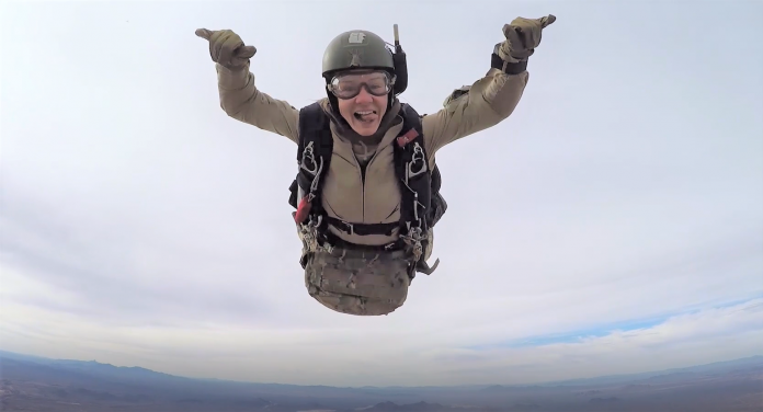 Shelane Etchison at military free fall school, where special operations personnel learn parachuting skills as a  method of troop infiltration.  Photo courtesy of Shelane Etchison.