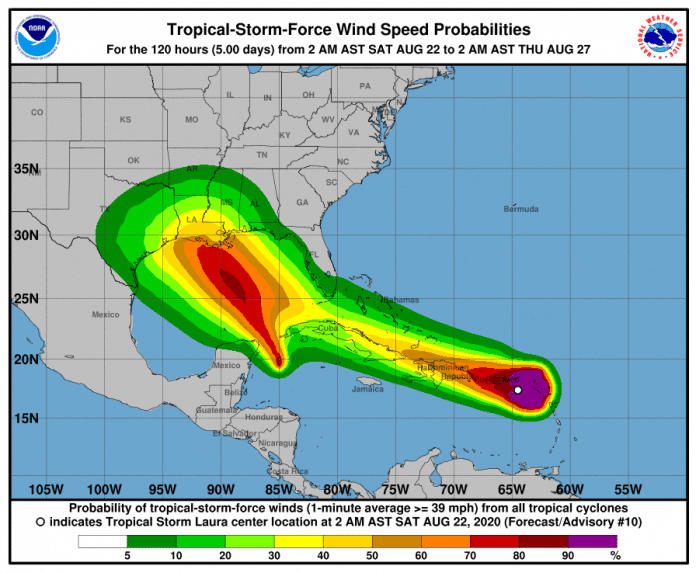 NOAA MAP Tropical Storm Laura Forecast