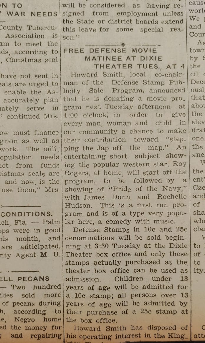 a local businessman who volunteered with the Defense Stamp Publicity Sales Program was hosting a movie at the local movie theater. 