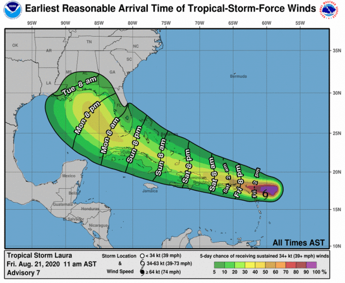 Earliest reasonable time of arrival and wind speed probability from Tropical Storm Laura graphic from the National Hurricane Center