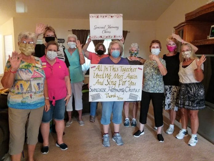 Sweet Adelines Suncoast Harmony Chorus shows support for Salishan Gracious Living Retirement – their pre-virus rehearsal facility.  Suncoast Harmony Chorus members made over 40 cloth masks for the Salishan residents to help them through the pandemic.