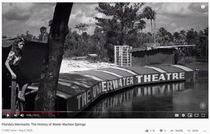 A frame of Weeki Wachee Springs feature by the Midway Main Street YouTube channel. The frame shows a historic photo of the spring and underwater theatre rooftop.