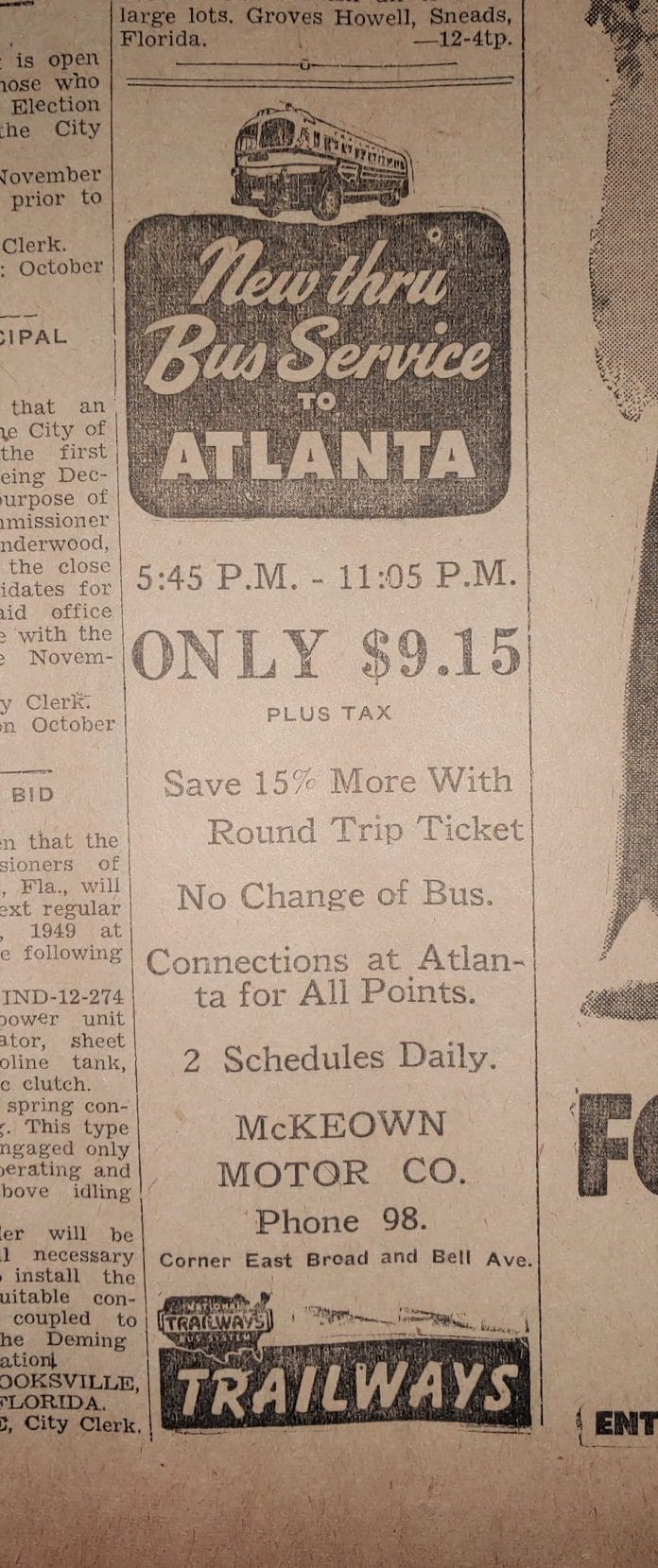 Advertisement from the October 21, 1949 issue of the Brooksville Sun.