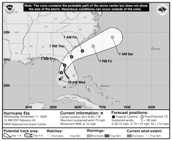 Eta's projected track as of 11/11/20 10AM