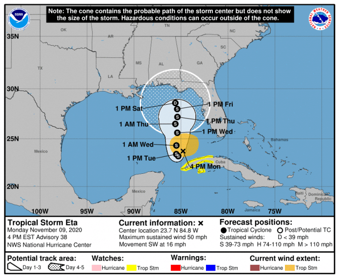 NOAA MAP Tropical Storm Eta track forecast