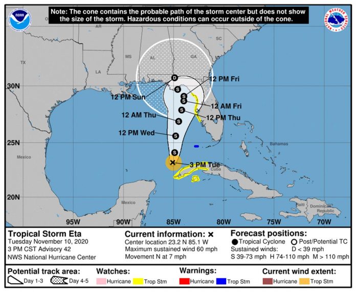 NOAA MAP Tropical Storm Eta track forecast