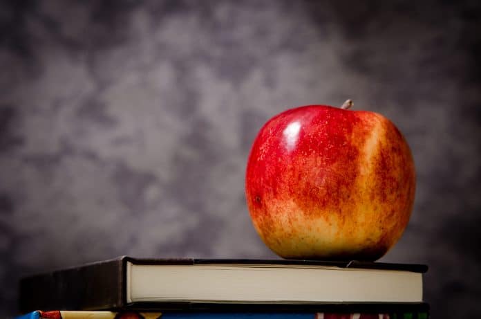 Stock photo - apple on a schoolbook