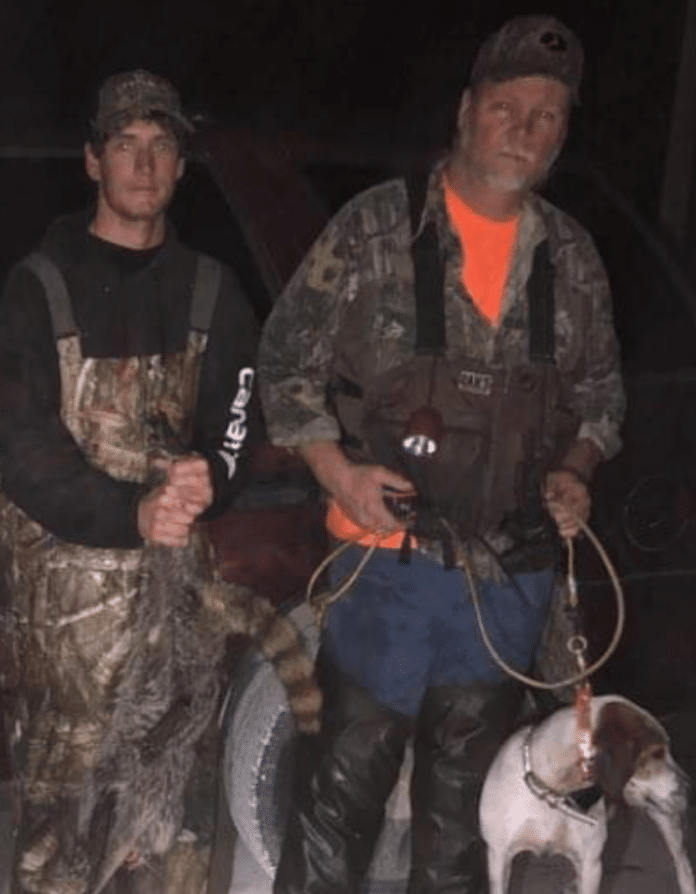 Sean Cummins, left, joined legendary houndsman Allen Vann of Sawgrass Kennels for a successful hunt with a champion Treeing Walker hound.