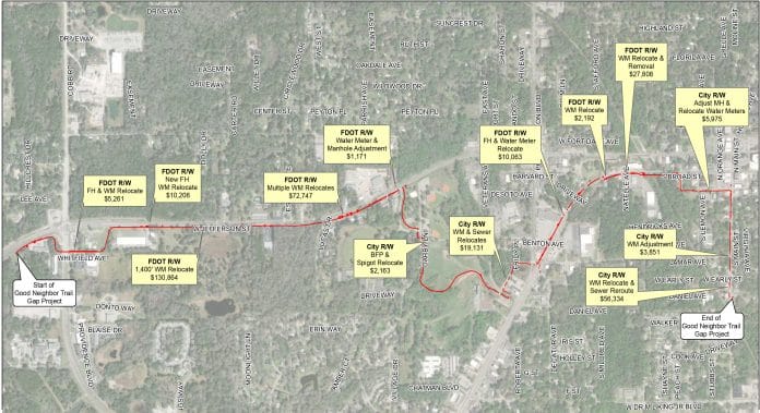 Map of the Good Neighbor Trail Alignment detailing all the points where utility infrastructure will need to be moved.  City of Brooksville.
