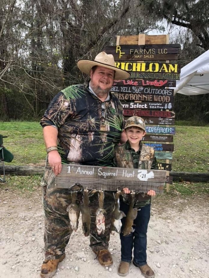 Toby and his favorite squirrel hunting buddy, Owen Geer, with their third place qualifying harvest of squirrels at the Lake Lindsey Mall's, First Annual Squirrel Hunt