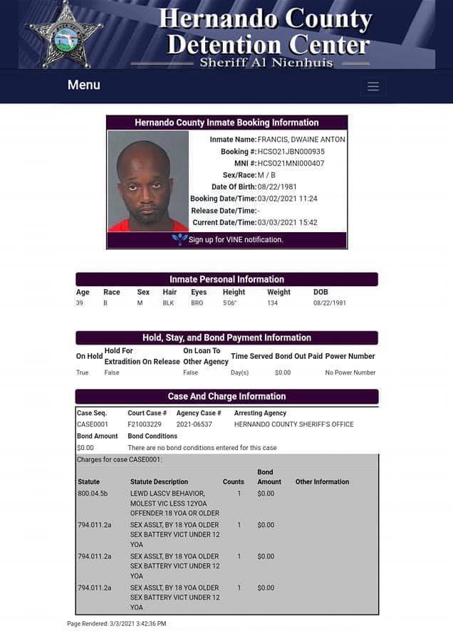 Screenshot of HCSO Booking Information for Dwaine Anton Francis.