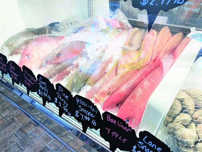 From Boat to  Table fish market's  display case is full of whole fish including yellowtail  snapper, red snapper and porgy.