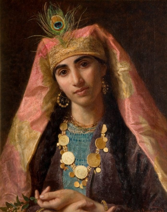  Scheherazade painting by Sophie Gengembre Anderson Date between 1850 and 1900. Medium oil on canvas , portrait; The New Art Gallery Walsall, Public Domain