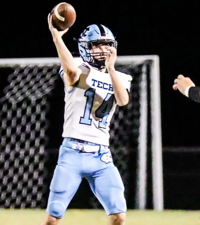 Friday night November 6, 2020 Nature Coast steps on the field of the Weeki Wachee Hornets. Nature Coasts QB #14 Jr Ethan Fahey completes a pass.  Photo by Cheryl Clanton.