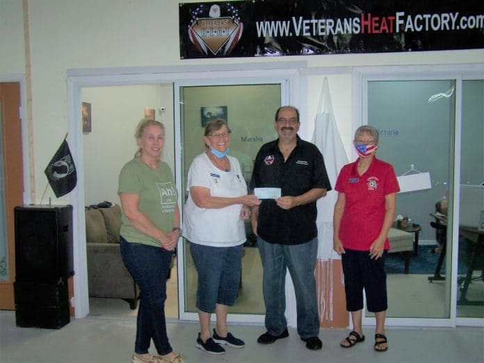 American Legion Auxiliary Unit 186 President and VA&R Chair, Lynda Anderson, and Co-Chair Patti Motzer, presented a $500.00 donation to Gus Guadagnino and Diane Scotland-Coogan of Veterans H.E.A.T. Factory on Wednesday, June 9, 2021. 