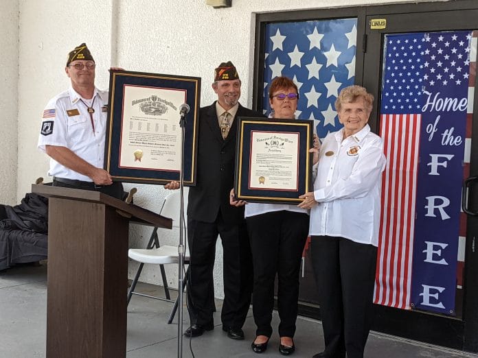 From left to right:  Post 10209 Commander Stephen Brown;  VFW State Adjutant/Quartermaster Eugene 'Gene'  Perrino;  Post 10209 Auxiliary President Nancy Sellers;  VFW District 21 Auxiliary President Judy Kennedy.