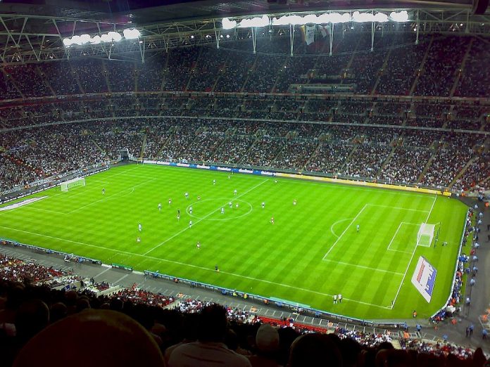 The Euro Cup 2020 was played at Wembley Stadium July 11, 2021 (delayed a year due to the COVID-19 pandemic).  Image by Richj1209 at English Wikipedia - Transferred from en.wikipedia to Commons. Taken during the England v Germany friendly at Wembley Stadium on 22/08/2007 by Richj1209.