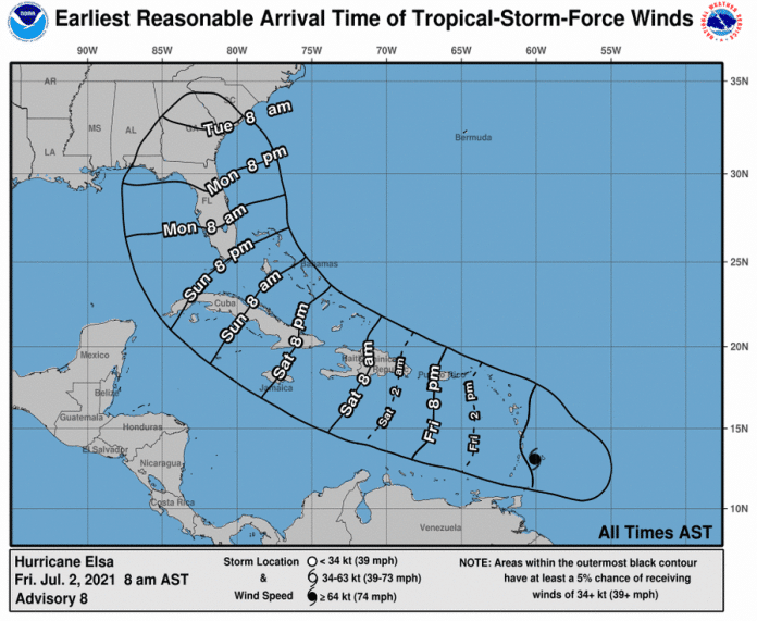 Earliest expected wind impact from Elsa