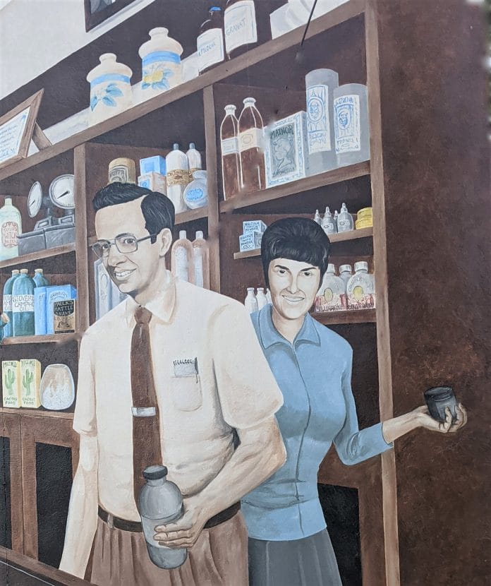 Detail of the Hogan Drug Store mural, Thomas Sheridan Hogan with his wife Mary Ann Hogan.