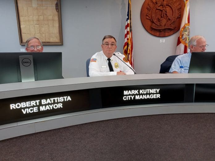 Ron Snowberger newly appointed city manager sits at the dais, shortly after former city manager Mark Kutney was fired on June 21, 2021. Photo by Kent Smith.