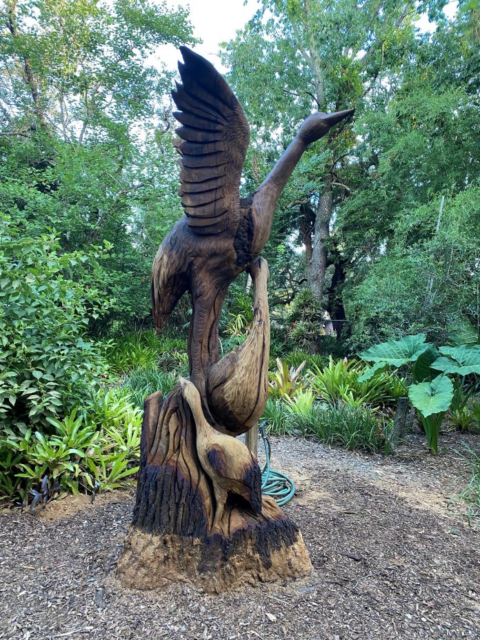 Crane Sculpture at The Bromeliad Garden at Nature Coast Botanical Gardens. Photo by Summer Hampton
