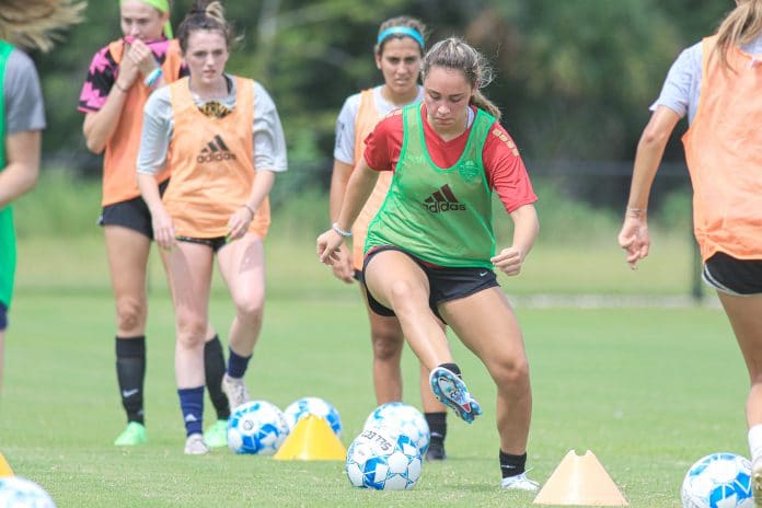 Springstead’s Kayla Crosby practices foot drills during practice on Saturday, August 14 at Wiregrass Ranch Sports Campus in Wesley Chapel.
