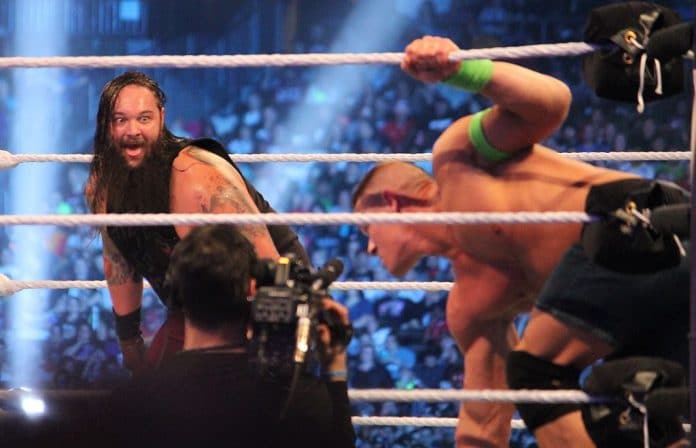 Bray Wyatt (left) battles John Cena at WrestleMania XXX on April 6, 2014 in the Mer-cedes-Benz Superdome in New Orleans, Louisiana.  Photo by Megan Elice Meadows via flickr.