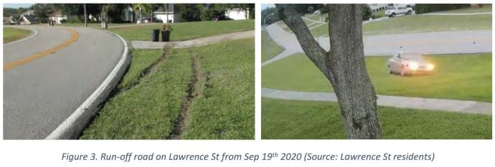 Footage of tire tracks and vehicle going off road on Lawrence Street.