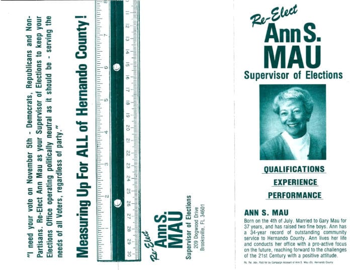 Re-election campaign flyer for Ann Mau who served as Supervisor of Elections in the 1990's