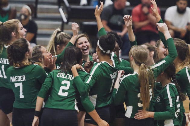 The Lady Hornets celebrate a point gained against Nature Coast Tech during the volleyball match on Tuesday, Sept. 21, 2021 at Nature Coast Tech. Photo by Alice Mary Herden