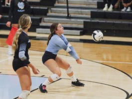 Sharks Adriana Tirado (5) bumps the ball during the volleyball match against Weeki Wachee on Sept. 21, 2021 at Nature Coast Tech. Photo by Alice Mary Herden