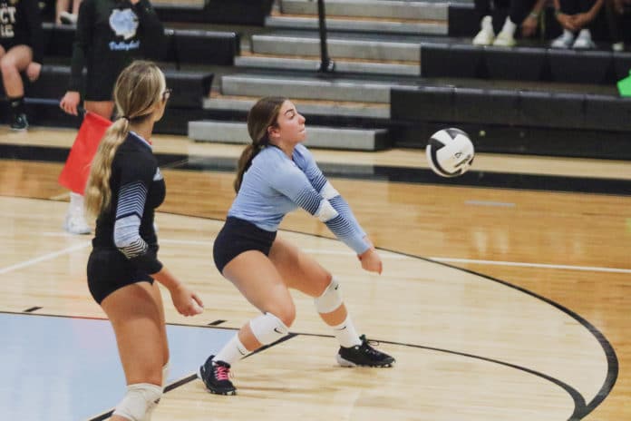 Sharks Adriana Tirado (5) bumps the ball during the volleyball match against Weeki Wachee on Sept. 21, 2021 at Nature Coast Tech. Photo by Alice Mary Herden