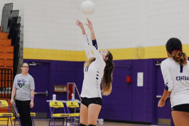 Central’s Kaidyn Steadman (11) sets the ball during the match against the Lady Leopards at Hernando High School on Wednesday, Sept 22, 2021. Photo by Alice Mary Herden