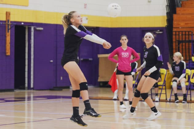 Hernando’s Zoey Grant (5) bumps the ball during the match against the Central on their home court at Hernando High School on Wednesday, Sept 22, 2021. Photo by Alice Mary Herden