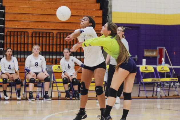 Central’s Jocelyn Velez (7) and Gianna Karnow (1) both attempt to hit the ball during the match against the Lady Leopards at Hernando High School on Wednesday, Sept. 22, 2021. Photo by Alice Mary Herden