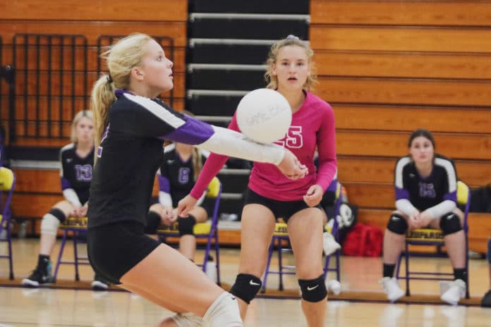 Hernando’s Kaiya Ward (12) bumps the ball during the match against the Central on their home court Hernando High School on Wednesday, Sept 22, 2021. Photo by Alice Mary Herden