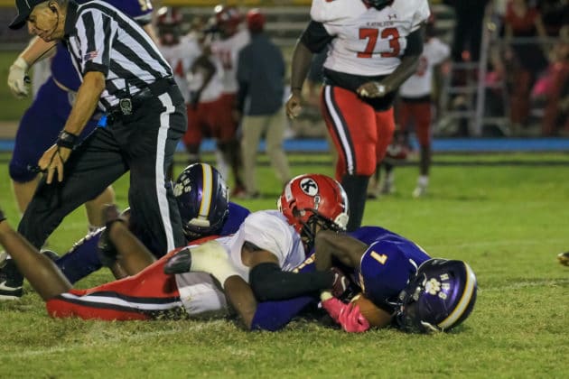 Kathleen's QB Shadarian Harrison fumbles the ball and it's recovered by HHS Isaiah Riggins Photo by Scott LaPrade